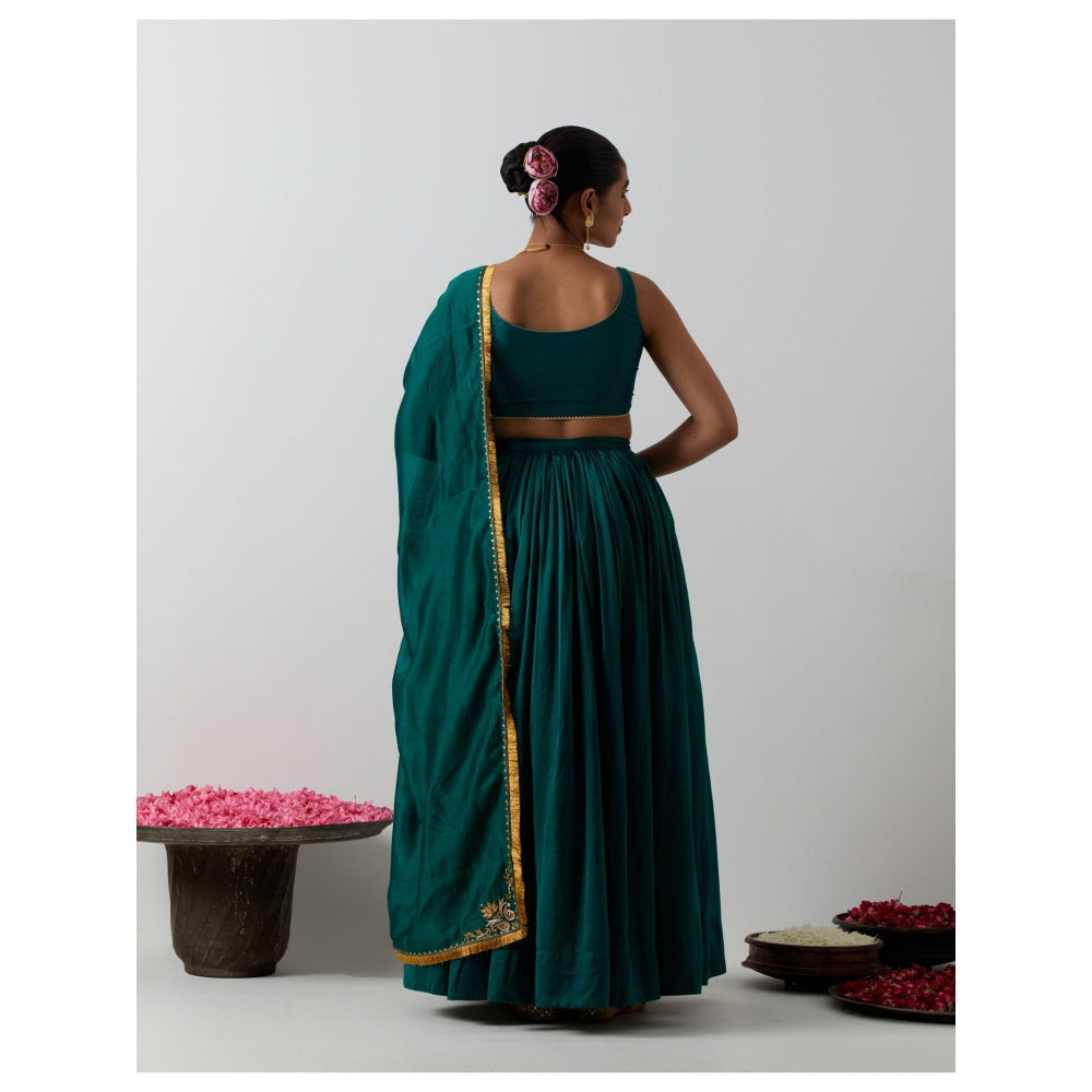 Vinusto Deep Green Hand-Embroidered Chanderi Lehenga with Blouse and Dupatta