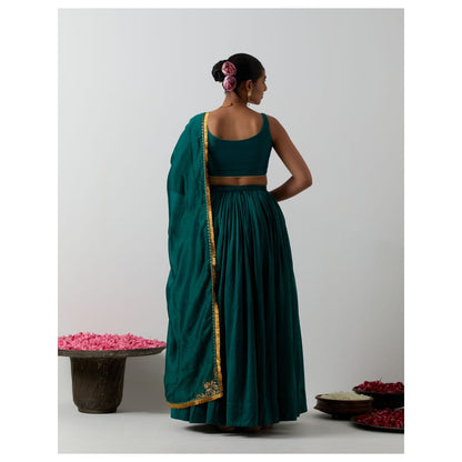 Vinusto Deep Green Hand-Embroidered Chanderi Lehenga with Blouse and Dupatta