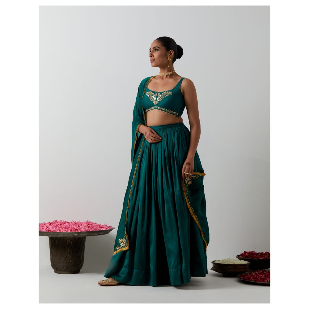 Vinusto Deep Green Hand-Embroidered Chanderi Lehenga with Blouse and Dupatta