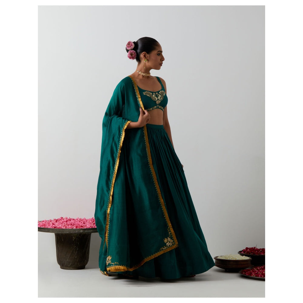 Vinusto Deep Green Hand-Embroidered Chanderi Lehenga with Blouse and Dupatta