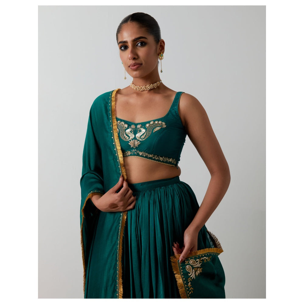Vinusto Deep Green Hand-Embroidered Chanderi Lehenga with Blouse and Dupatta