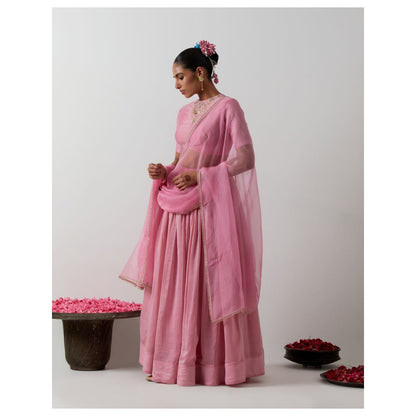 Vinusto Light Pink Handcrafted Chanderi Blouse with Lehenga & Katan Silk Dupatta