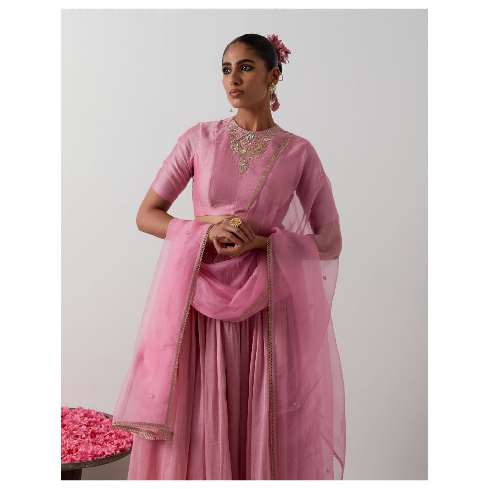 Vinusto Light Pink Handcrafted Chanderi Blouse with Lehenga & Katan Silk Dupatta