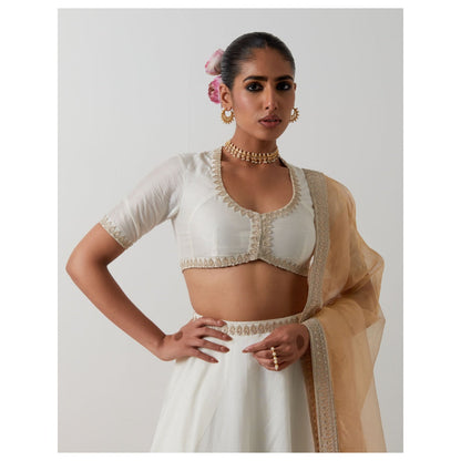 Vinusto Ivory Embroidered Choli Blouse with Lehenga & Gold Tissue Dupatta