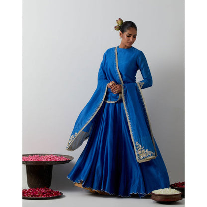 Vinusto Cobalt Blue Hand-Embroidered Chanderi Silk Blouse with Lehenga & Dupatta
