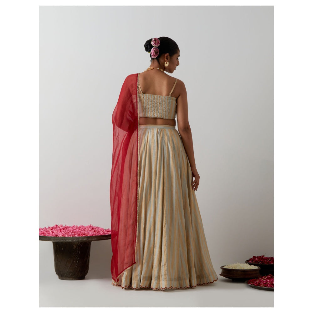 Vinusto Gold & Silver Zari Striped Lehenga with Blouse & Red Dupatta