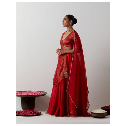 Vinusto Red Embroidered Chanderi Lehenga with Blouse and Dupatta
