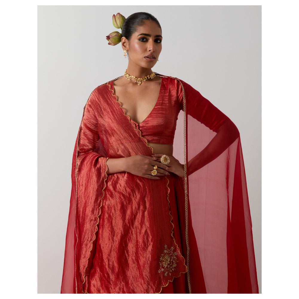 Vinusto Red Embroidered Chanderi Lehenga with Blouse and Dupatta
