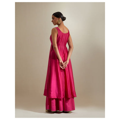 Vinusto Hot Pink Plunge Neck Stylise Chanderi Kurta with Cotton Palazzo