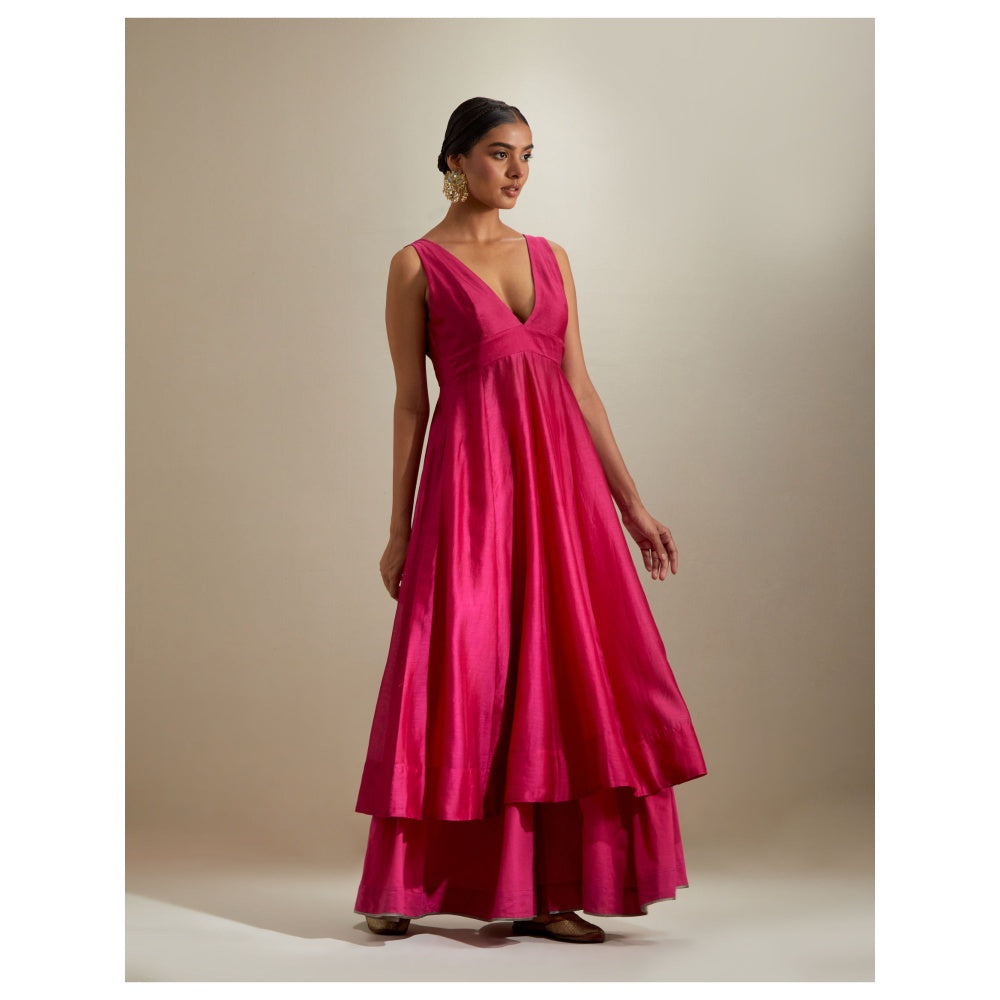 Vinusto Hot Pink Plunge Neck Stylise Chanderi Kurta with Cotton Palazzo