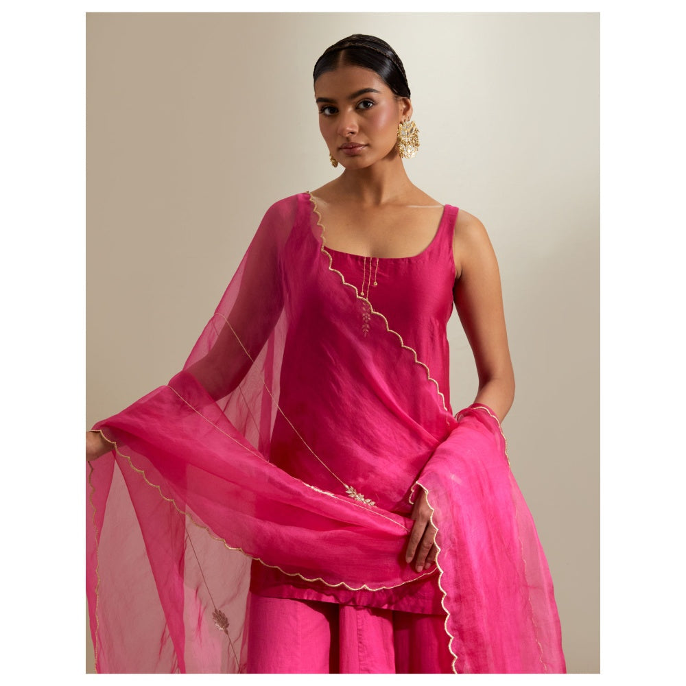 Vinusto Hot Pink Embroidered Short Kurti and Cotton Sharara with Dupatta
