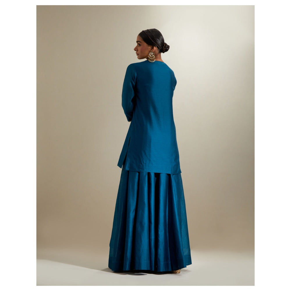 Vinusto Blue Chanderi V Neck Kurti and Sharara & Mint Gota Dupatta