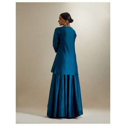 Vinusto Blue Chanderi V Neck Kurti and Sharara & Mint Gota Dupatta