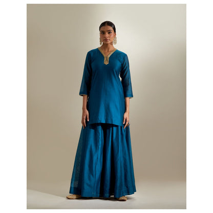Vinusto Blue Chanderi V Neck Kurti and Sharara & Mint Gota Dupatta