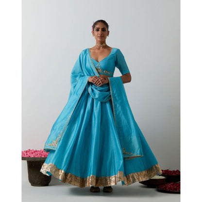 Vinusto Light Blue Chanderi Embroidered Corset Blouse with Lehenga & Dupatta
