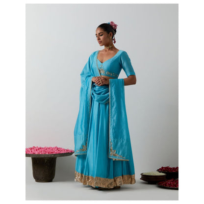 Vinusto Light Blue Chanderi Embroidered Corset Blouse with Lehenga & Dupatta