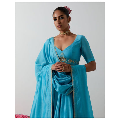 Vinusto Light Blue Chanderi Embroidered Corset Blouse with Lehenga & Dupatta