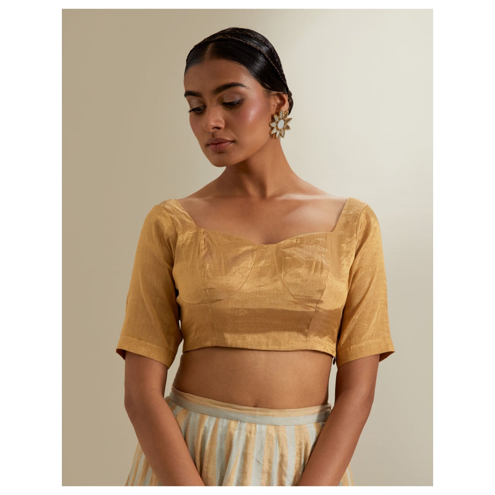 Vinusto Silver- Gold Zari Stripe Lehenga with Blouse & Red Dupatta