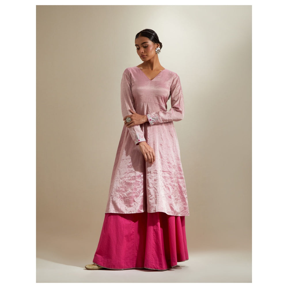 Vinusto Pink Zari Anarkali with Flared Cotton Palazzo & Chanderi Dupatta