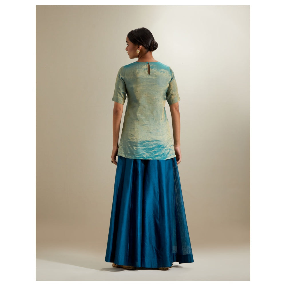 Vinusto Aqua Gold Short Kurta with Sharara and Organza Dupatta