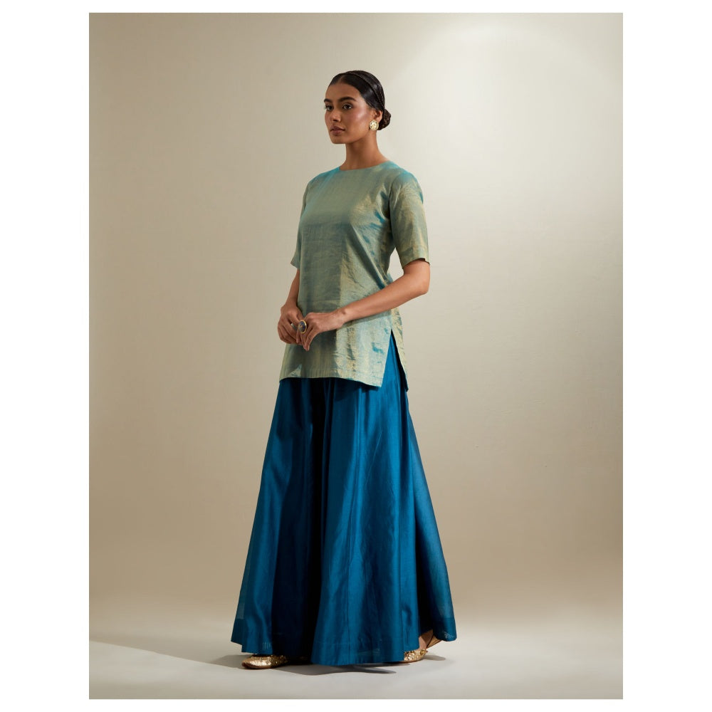 Vinusto Aqua Gold Short Kurta with Sharara and Organza Dupatta