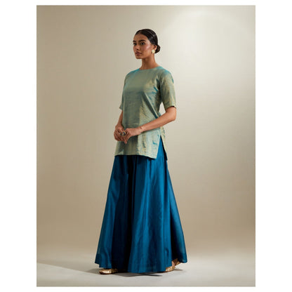 Vinusto Aqua Gold Short Kurta with Sharara and Organza Dupatta