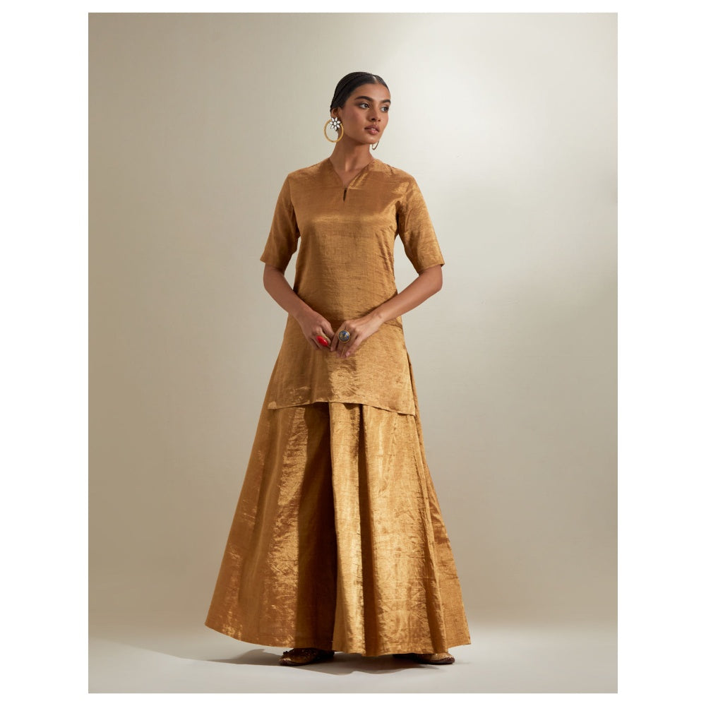 Vinusto Gold Zari Short Kurta with Sharara & Embroidered Dupatta