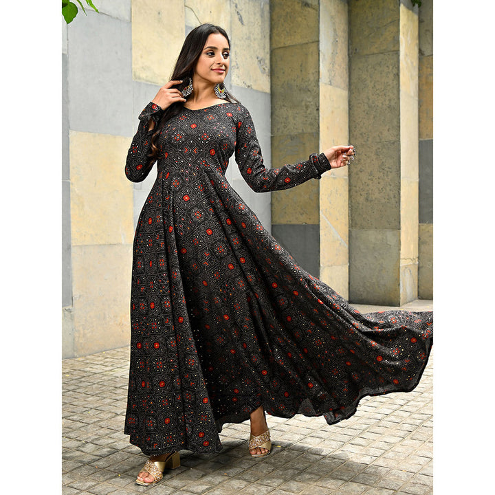 Vinya Black Rayon Bandini Print Fit and Flare Dress