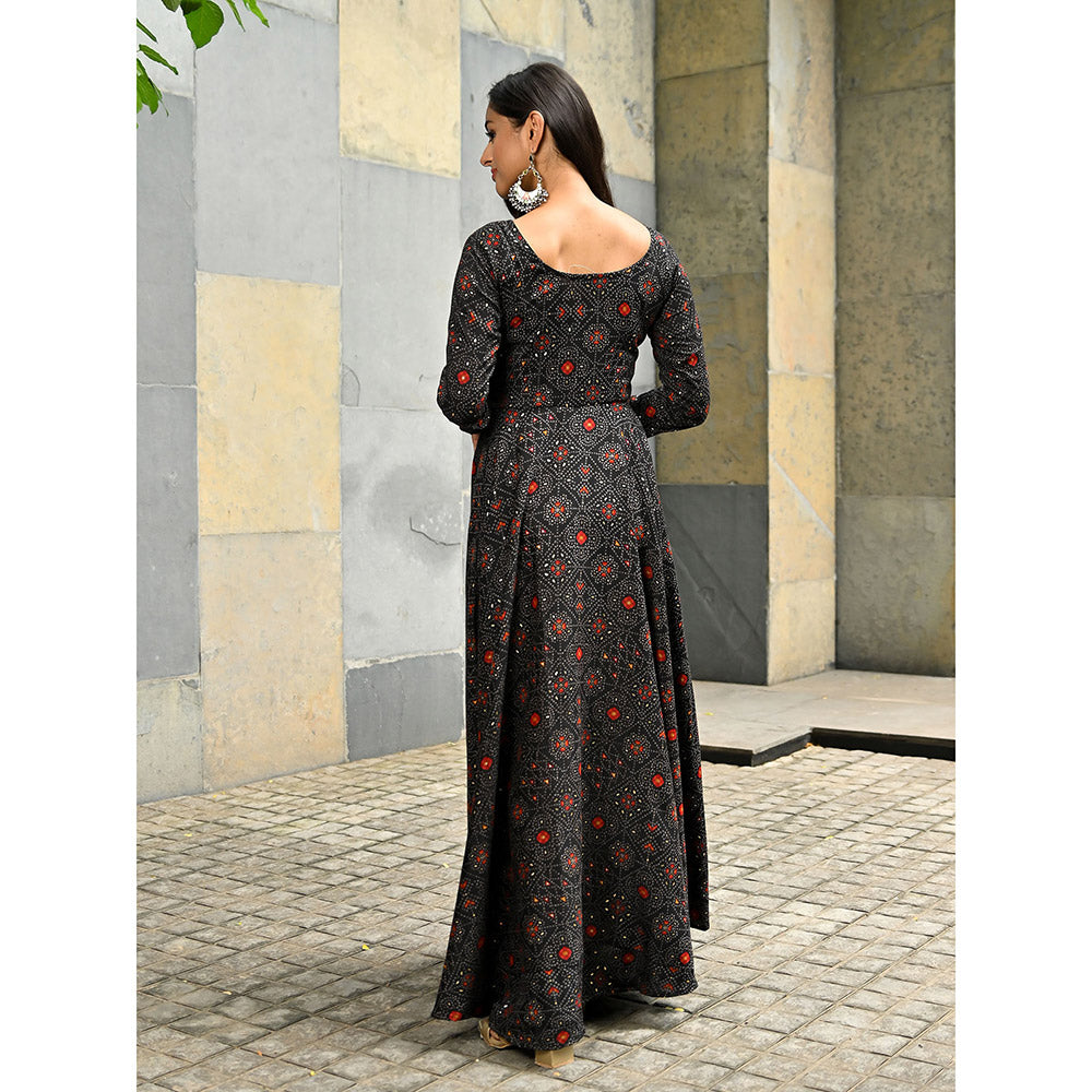 Vinya Black Rayon Bandini Print Fit and Flare Dress