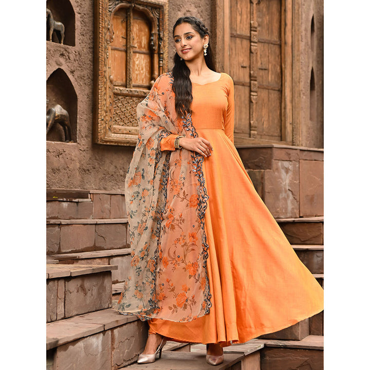 Vinya Orange Fit and Flare Anarkali with Floral Organza Dupatta (Set of 2)