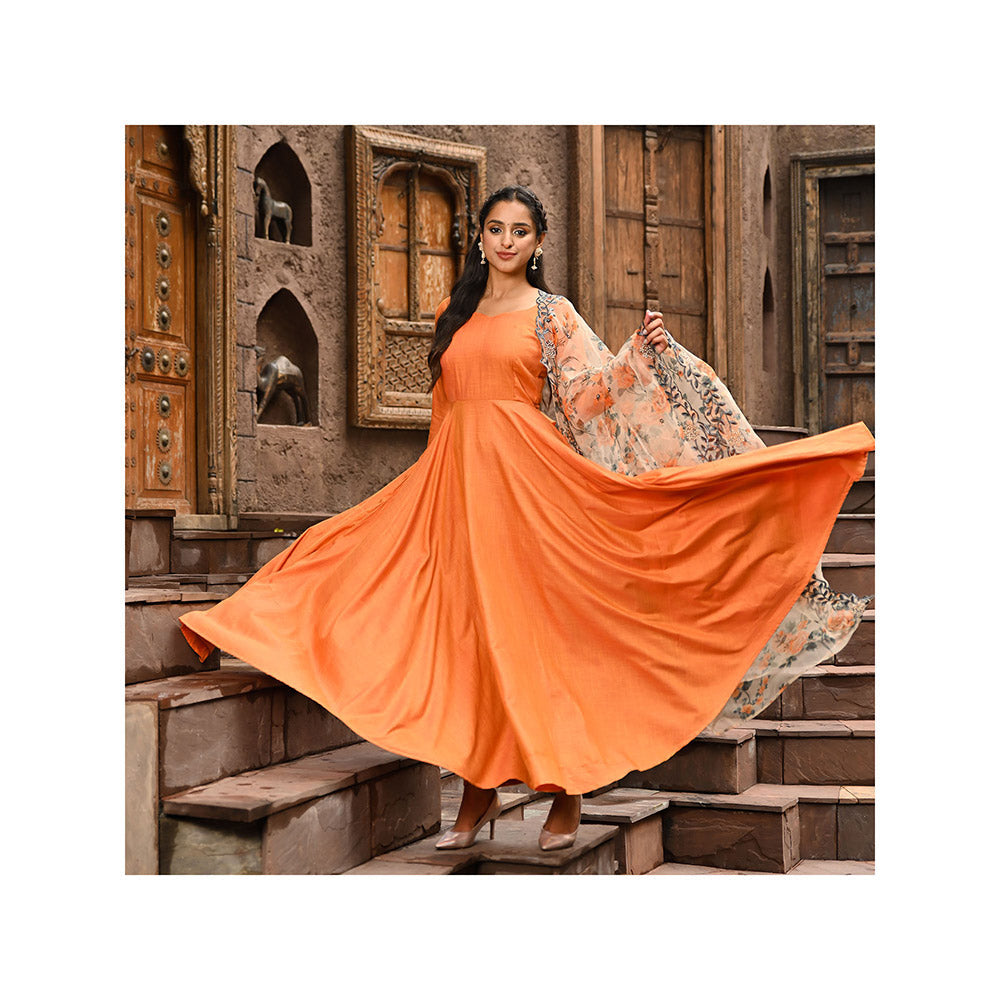 Vinya Orange Fit and Flare Anarkali with Floral Organza Dupatta (Set of 2)