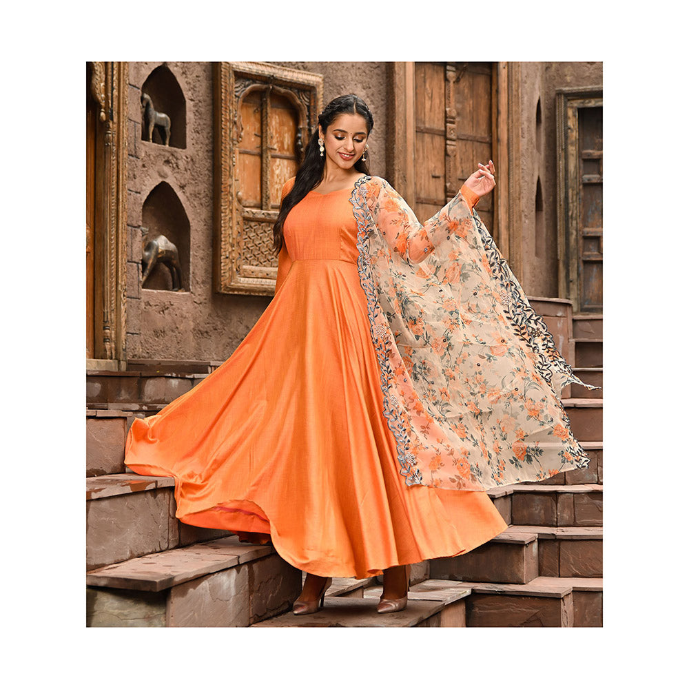 Vinya Orange Fit and Flare Anarkali with Floral Organza Dupatta (Set of 2)