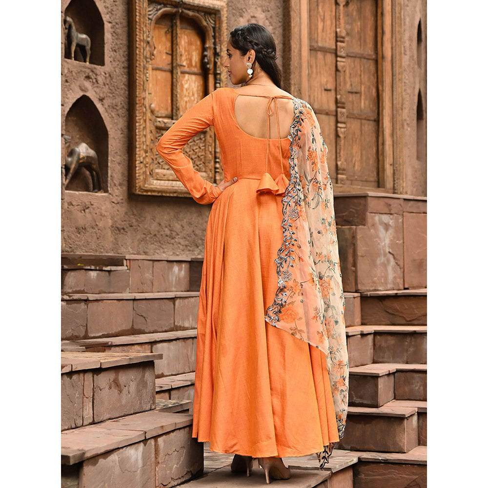 Vinya Orange Fit and Flare Anarkali with Floral Organza Dupatta (Set of 2)