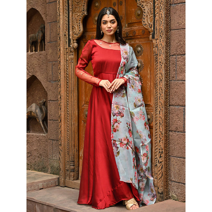 Vinya Maroon Silk Fit and Flare Dress with Floral Organza Dupatta (Set of 2)