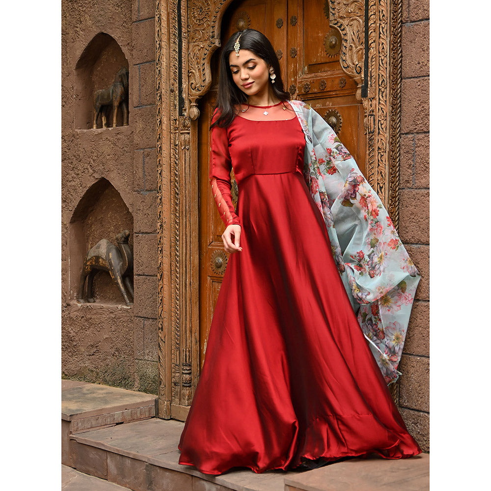 Vinya Maroon Silk Fit and Flare Dress with Floral Organza Dupatta (Set of 2)