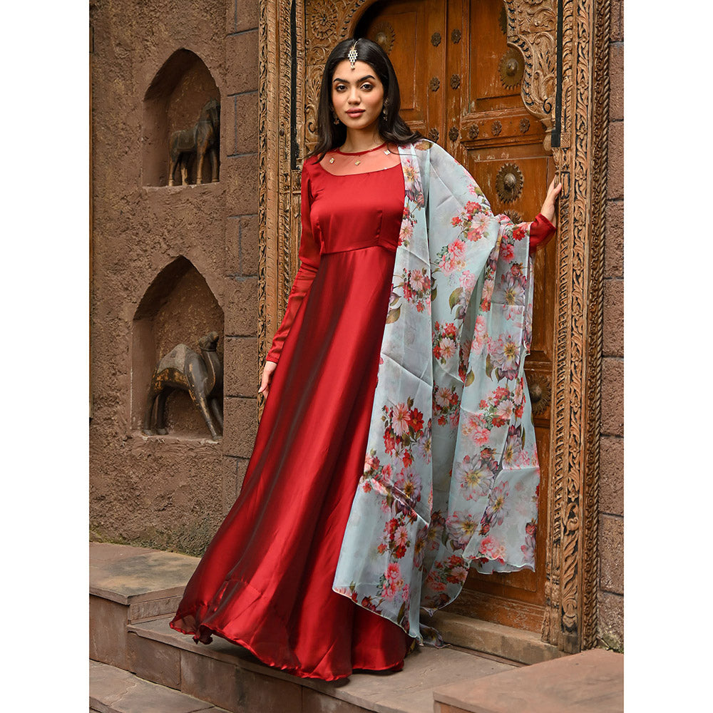 Vinya Maroon Silk Fit and Flare Dress with Floral Organza Dupatta (Set of 2)