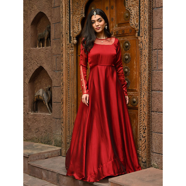 Vinya Maroon Silk Fit and Flare Dress with Floral Organza Dupatta (Set of 2)