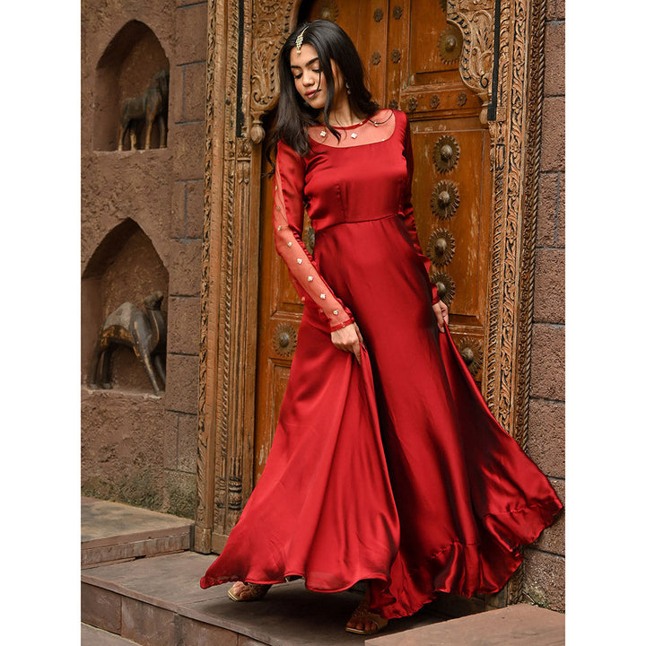 Vinya Maroon Silk Fit and Flare Dress with Floral Organza Dupatta (Set of 2)