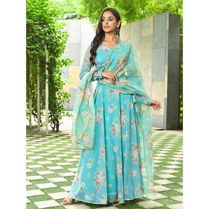 Vinya Blue Floral Printed Georgette Lehenga (Set of 3)