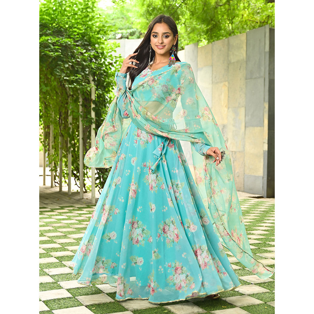 Vinya Blue Floral Printed Georgette Lehenga (Set of 3)