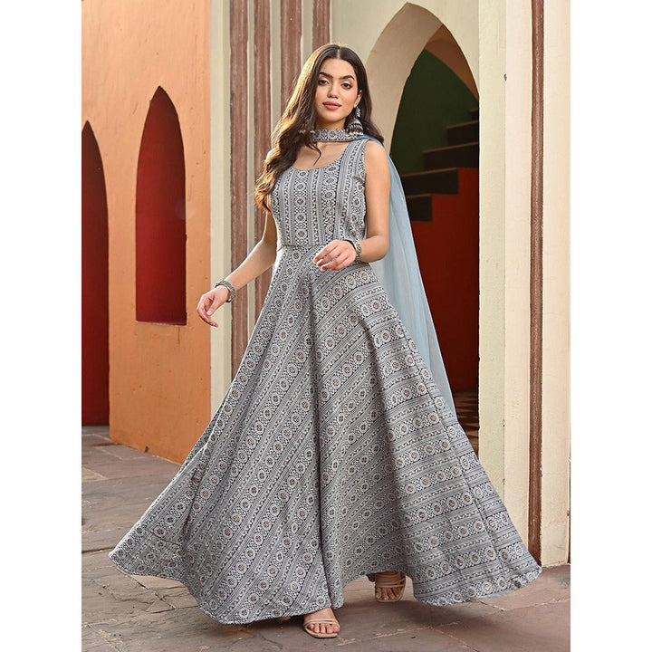 Vinya Grey Jacquard Fit and Flare Dress with Dupatta (Set of 2)