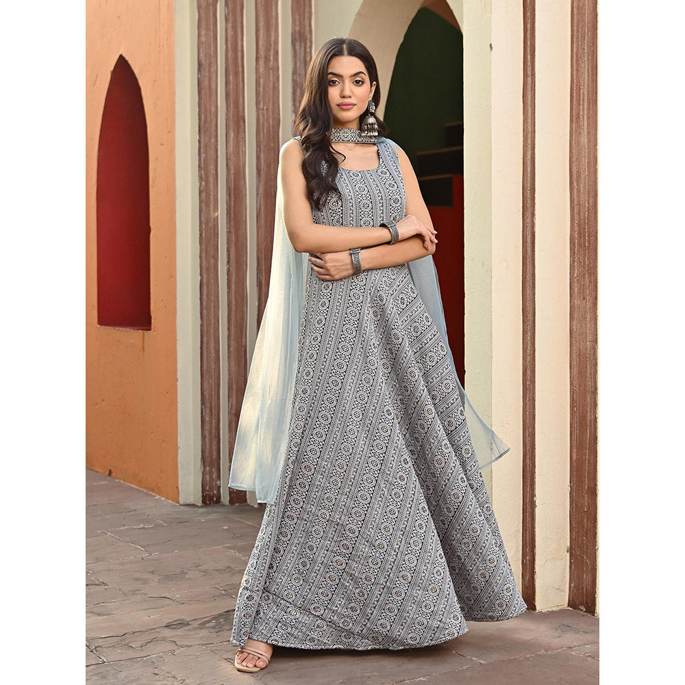 Vinya Grey Jacquard Fit and Flare Dress with Dupatta (Set of 2)