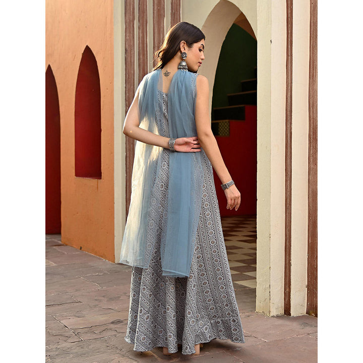 Vinya Grey Jacquard Fit and Flare Dress with Dupatta (Set of 2)