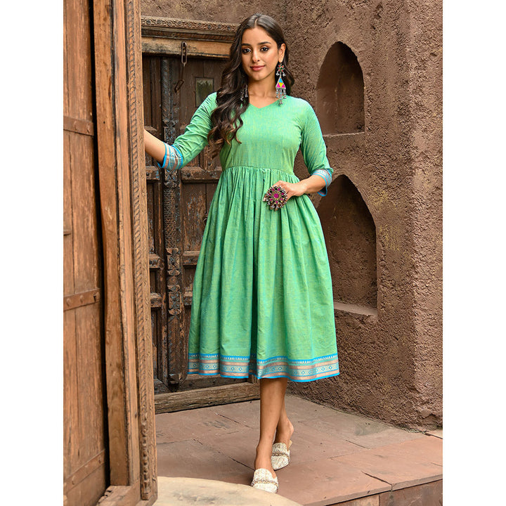 Vinya Green Cotton Fit and Flare Dress