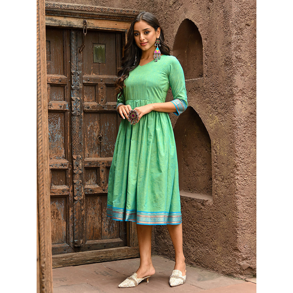 Vinya Green Cotton Fit and Flare Dress