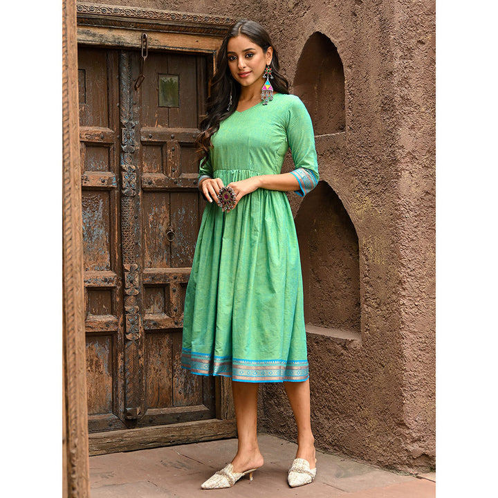 Vinya Green Cotton Fit and Flare Dress