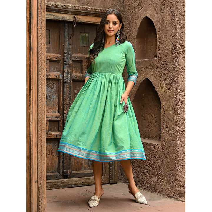 Vinya Green Cotton Fit and Flare Dress