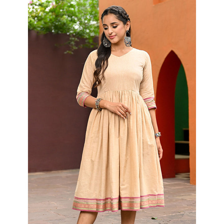 Vinya Beige Cotton Fit and Flare Dress