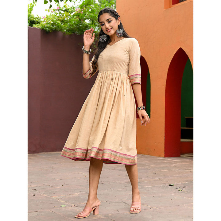 Vinya Beige Cotton Fit and Flare Dress