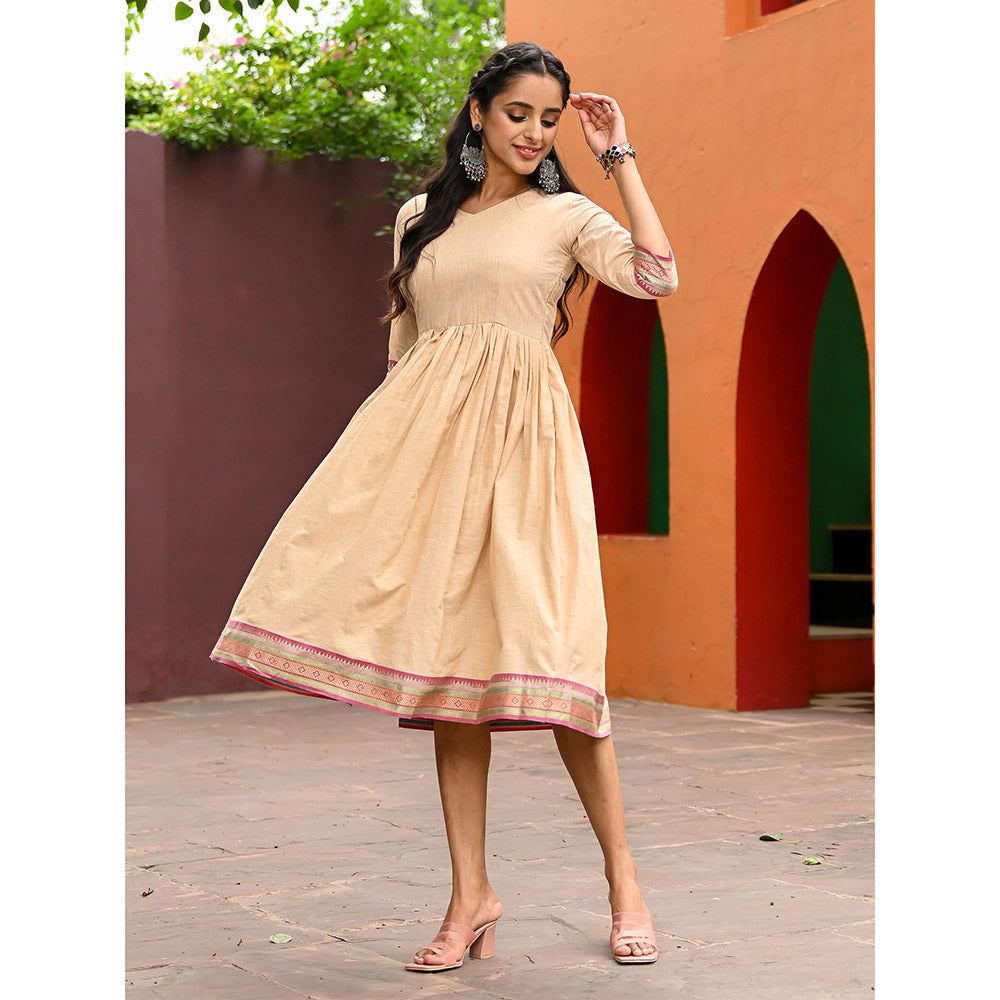 Vinya Beige Cotton Fit and Flare Dress